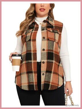 Plus Size Plaid Long Vest Button Down Sleeveless Shacket Polyester